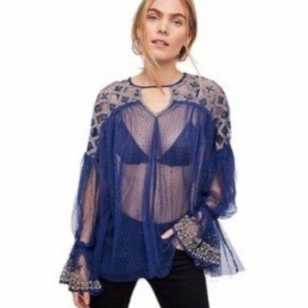 NWT Free People Joy Ride Embroidered Sheer Mesh Tunic Top Navy Size S